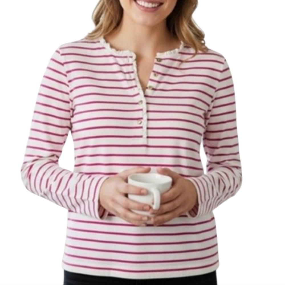 J Crew Factory Ruffle Collar Long Sleeve Henley Top XL Ivory Fuschia Stripes